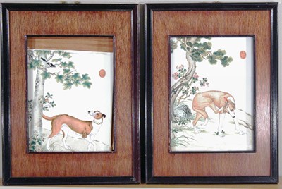 Lot 4262 - Two Chinese Enameled Porcelain Panels of Dogs...
