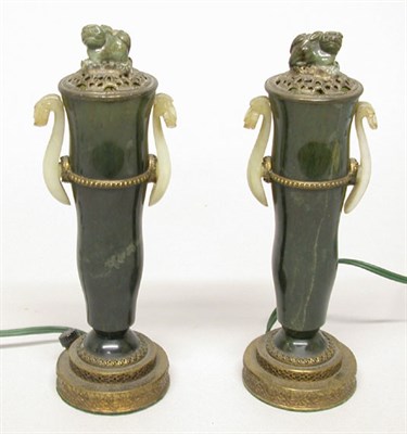 Lot 2210 - Pair of Chinese Spinach Jade Lanterns Each...