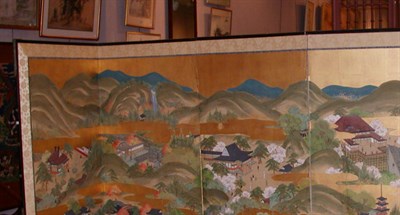 Lot 2122 - Japanese Painted Paper Six-Panel Floor Screen...