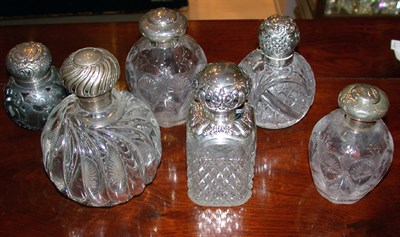 Lot 2583 - Six Silver Mounted Glass Dresser and Ink Bottles