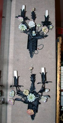 Lot 2640 - Pair of Painted Metal and Ceramic Two-Light...