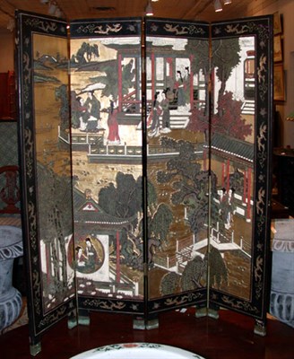 Lot 130 - Chinese Carved and Lacquered Four-Panel Screen...