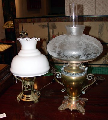 Lot 2370 - Two Brass Lamps with Glass Shades