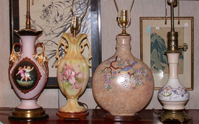 Lot 2380 - Three Ceramic Lamps; Together with a Glass Lamp