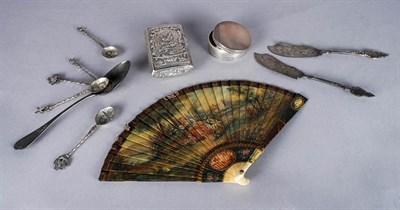 Lot 1498 - Silver Snuff Box; Together with a Silver Plated Circular Box, Silver Pill Box, Assorted Silver Items and Painted Bone Fan