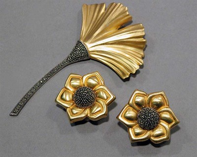 Lot 544 - Yellow Metal and Marcasite Pin and Pair of Earrings