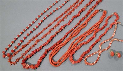 Lot 412 - Six Coral Bead Necklaces and Pair of Earrings