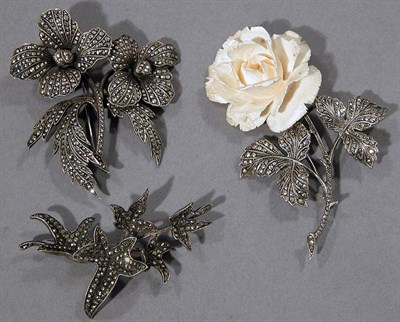 Lot 496 - Three Marcasite Flower Pins