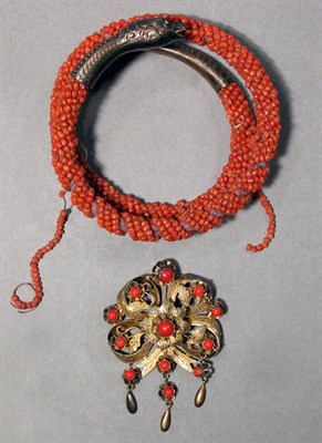 Lot 535 - Antique Silver and Coral Bead Snake Bracelet and Costume Pin