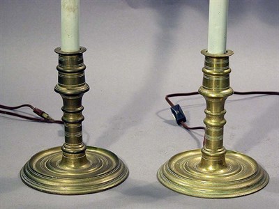 Lot 2124 - Pair of Brass Candlestick Lamps Each with a...