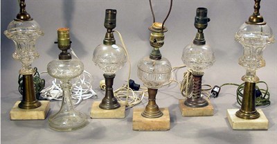 Lot 2134 - Group of Six Glass and Brass Fluid Lamps...