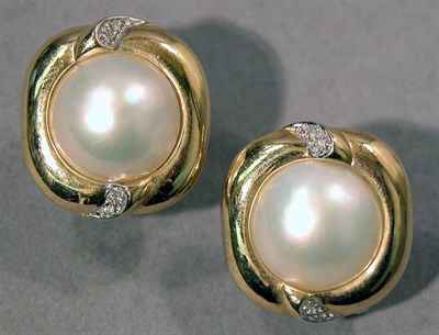 Lot 540 - Pair of Gold, Mabe Pearl and Diamond Earrings