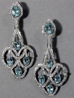 Lot 579 - Pair of White Gold, Diamond and Aquamarine Pendant  Earrings