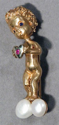 Lot 557 - Gold, Fresh Water Pearl and Sapphire Cupid Pin