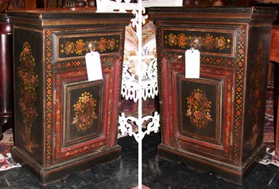 Lot 2144 - Pair of Polychrome Decorated Black Painted...