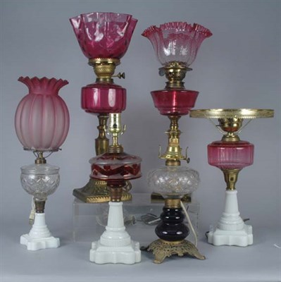 Lot 3160 - Group of Brass and Glass Fluid Lamps 19th and...