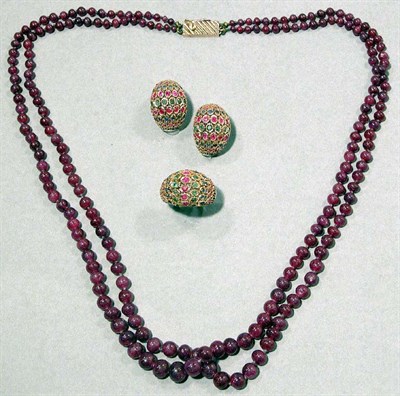 Lot 436 - Double Strand Ruby Bead Necklace and Gold and Gem-Set Pair of Earrings and Ring