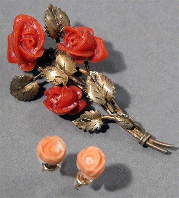 Lot 381 - Carved Coral Rose Pin and Pair of Earrings