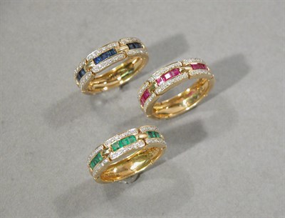 Lot 390 - Three Diamond and Colored Stone Band Rings