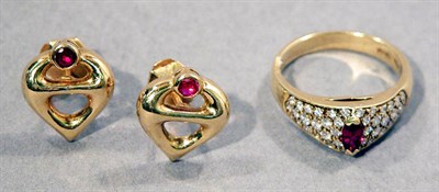 Lot 426 - Pair of Gold and Ruby Earrings and Ring