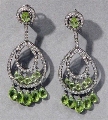 Lot 428 - Pair of  Peridot and Diamond Pendant Earrings