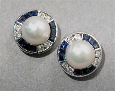 Lot 474 - Pair of Cultured Pearl, Sapphire and Diamond Earrings