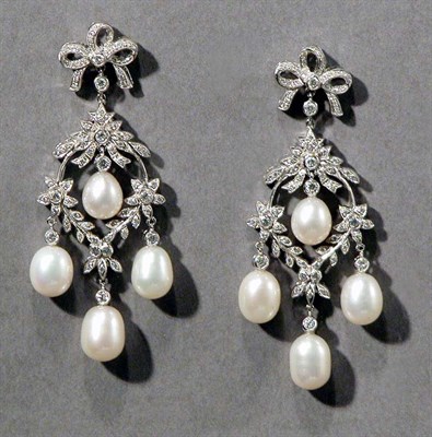 Lot 518 - Pair of White Gold, Diamond and Biwa Pearl Pendant Earrings