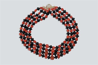 Lot 546 - Four Strand Coral and Black Onyx Bead Necklace