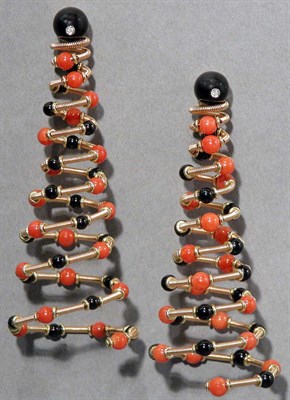 Lot 547 - Pair of Gold, Coral and Black Onyx Bead Spiral Pendant Earrings