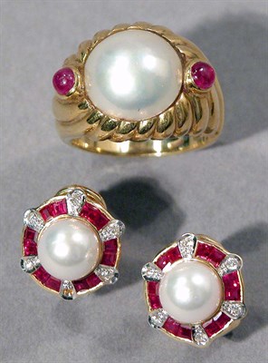 Lot 491 - Group of Gold, Cultured and Mabe Pearl, Ruby and Diamond Jewelry