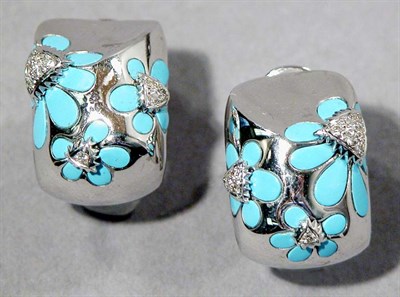 Lot 568 - Pair of White Gold, Turquoise and Diamond Earrings