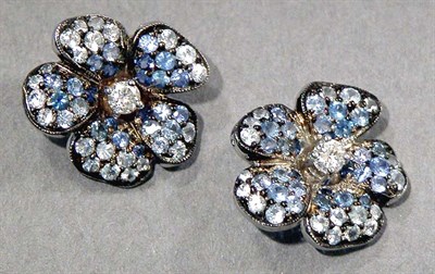 Lot 569 - Pair of Sapphire and Diamond Flower Earrings
