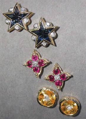 Lot 647 - Three Pairs of Diamond and Gem-Set Earrings