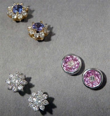 Lot 628 - Three Pairs of Diamond and Gem-Set Earrings
