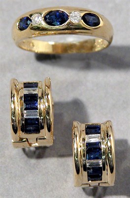 Lot 641 - Pair of Gold, Sapphire and Diamond Earrings and Ring