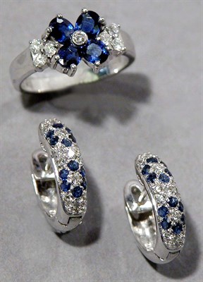 Lot 605 - Pair of Sapphire and Diamond Earrings and Ring