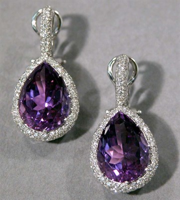 Lot 614 - Pair of Amethyst and Diamond Pendant Earrings