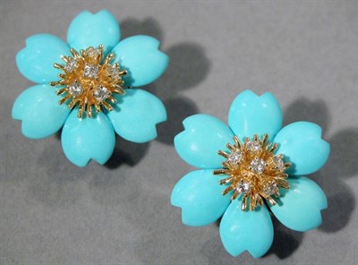 Lot 607 - Pair of Carved Turquoise and Diamond Flower Earclips