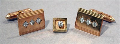 Lot 463 - Pair of Gold and Diamond Cufflinks and Tie Tac