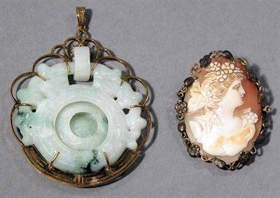 Lot 465 - Shell Cameo Pin and Carved Jade Pendant