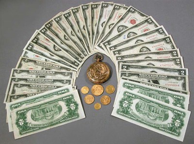 Lot 14 - Pocket Watch, Gold Coins and $2 Bills