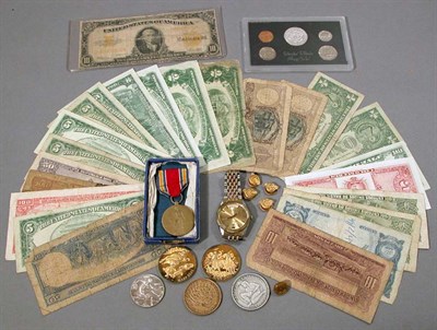 Lot 15 - Medals, Pins, U.S. Proof Set, Wristwatch and Bills