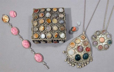 Lot 20 - Silver Plate and Stone Box and Two Pendants and Bracelet