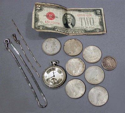Lot 32 - Pocket Watch, Assorted Currency and Chain Fragments