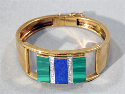 Lot 454 - Gold, Malachite, Lapis and Diamond Bangle