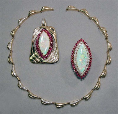 Lot 478 - Two-Color Gold, Opal, Ruby and Diamond Pendant-Necklace and Ring