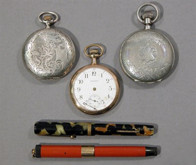 Lot 74 - Three Pocket Watches and Two Fountain Pens