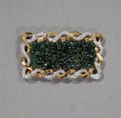 Lot 486 - Carved Jade and Diamond Pin