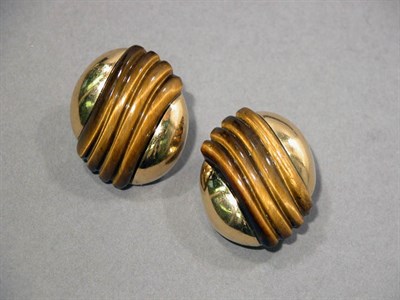 Lot 490 - Pair of Gold and Fluted Tiger's-Eye Earclips