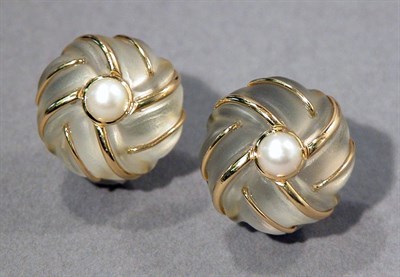 Lot 438 - Pair of Gold, Fluted Rock Crystal and Cultured Pearl Earclips